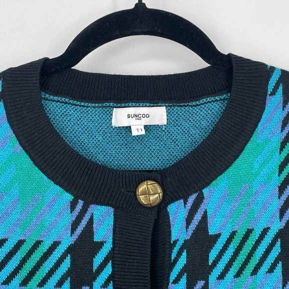 SUNCOO Paris Women's Blue Black Plaid Check Gold Button Gaya Cardigan Jacket T1 - Picture 10 of 12